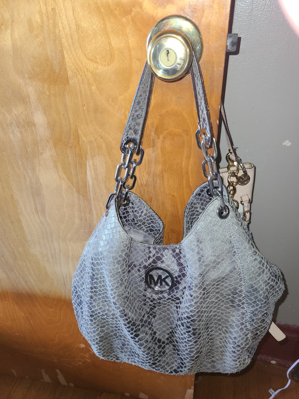 Michael Kors Gray Snake-Print Shoulder Bag with Chain Strap With Matching Wallet